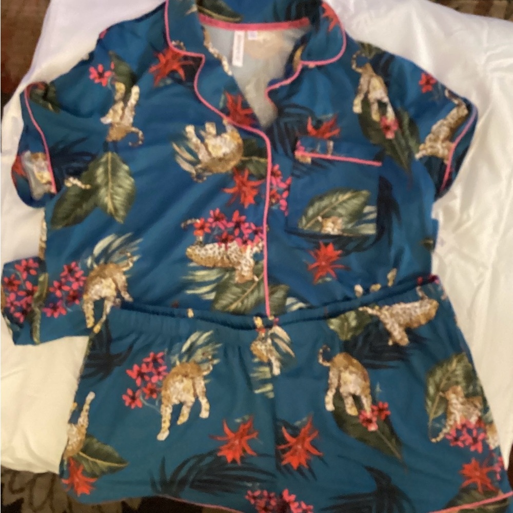 Women's Jungle Print Pajama Set - Blue and Pink NWT